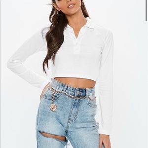 White Button Front Polo Crop Top